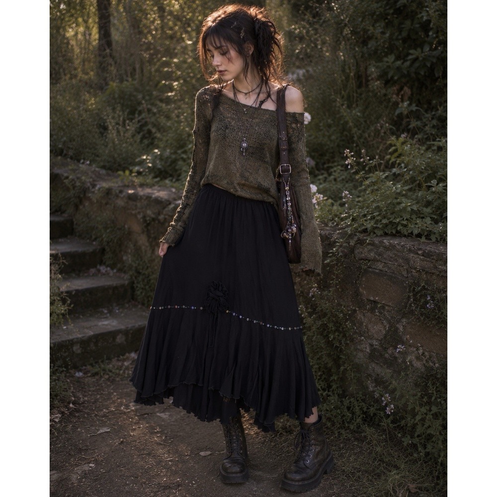 USINDO L Large Skirt Whimsigoth Fairy Grunge Asymmetrical Pull On Lettuce Hem